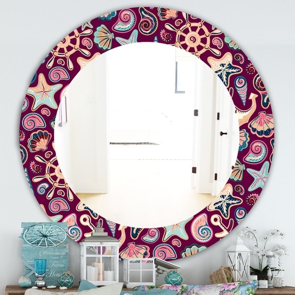 Designart 'Costal Creatures 13' Traditional Mirror - Oval or Round Wall Mirror - Purple