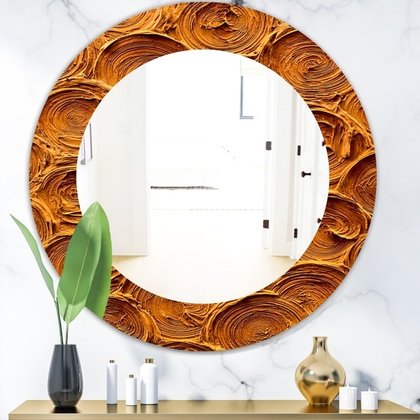 Designart 'Concentric Paint Rings In Earthy Gold Brown' Mid-Century Mirror - Oval or Round Wall Mirror - Brown