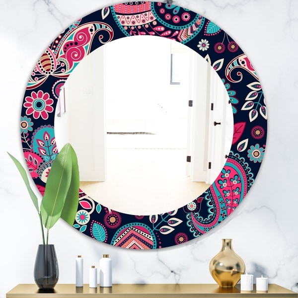 Designart 'Obsidian Bloom 18' Bohemian and Eclectic Mirror - Oval or Round Wall Mirror - Pink