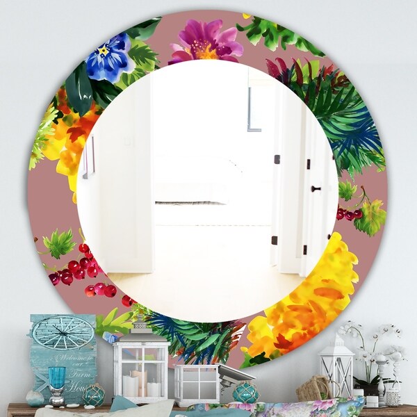 Designart 'Flower With Little Red Berries' Traditional Mirror - Oval or Round Wall Mirror - Gold