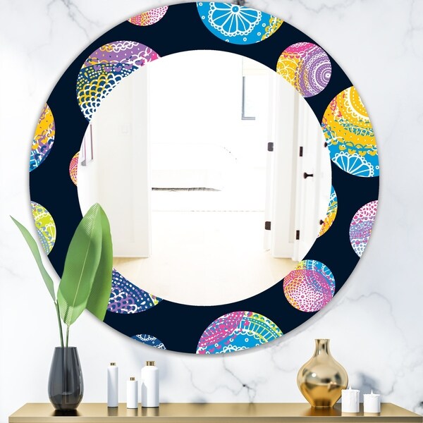 Designart 'Lace Patterned Circles' Modern Mirror - Oval or Round Wall Mirror - Blue