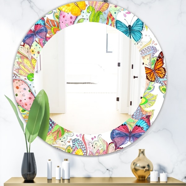 Designart 'Bohemian Butterflies' Bohemian & Eclectic Mirror - Oval or Round Wall Mirror - Blue
