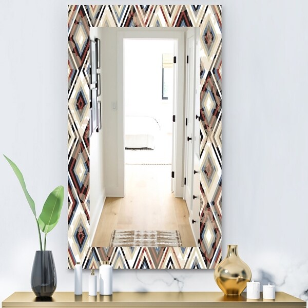 Designart 'Vintage Diamond Pattern In Blue and Brown' Bohemian and Eclectic Mirror - Modern Wall Mirror