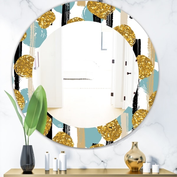 Designart 'Hand Drawn Blue and Golden Glitter Circles' Modern Mirror - Oval or Round Wall Mirror - Gold