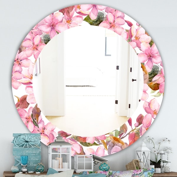Designart 'Pink Blossom 53' Traditional Mirror - Oval or Round Wall Mirror - Pink