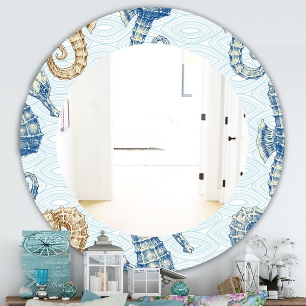 Designart 'Costal Creatures 17' Traditional Mirror - Oval or Round Wall Mirror - Blue