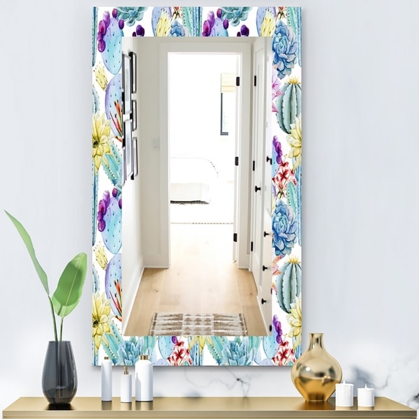 Designart 'Blossoming Cactus With Tropical Flower' Bohemian and Eclectic Mirror - Vanity Mirror - Blue
