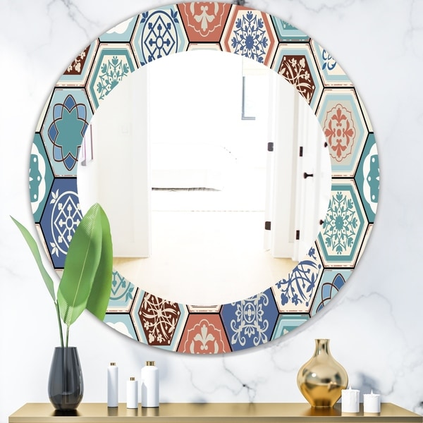 Designart 'Light Blues and Tan' Mid-Century Mirror - Oval or Round Wall Mirror - Blue