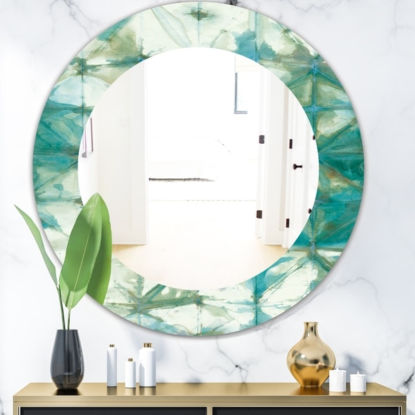 Designart 'Turquoise Watercolor Geometrical III' Mid-Century Mirror - Oval or Round Wall Mirror - Blue