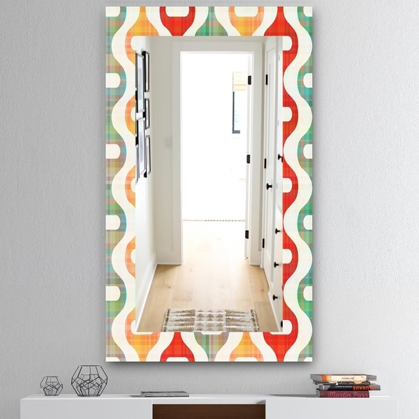 Designart 'Orange Yellow and Green Shapes' Mid-Century Mirror - Vanity Mirror - Red