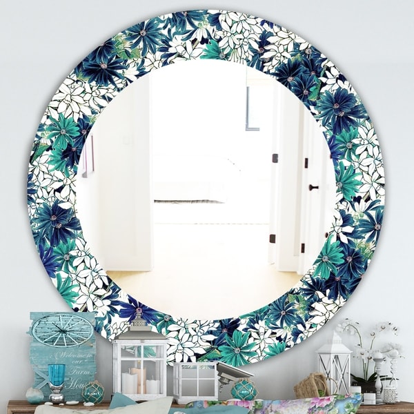 Designart 'Turquoise Of Flowers' Traditional Mirror - Oval or Round Wall Mirror - Blue