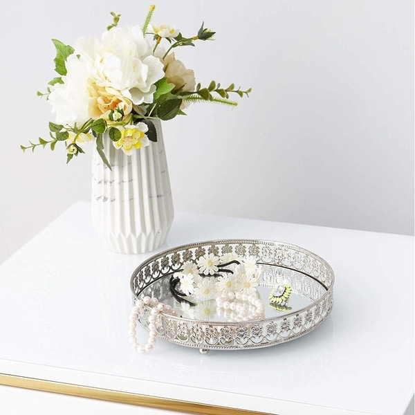 Egnazia - Silver Metal Mirror Tray - Medium Rounded Modern Floral