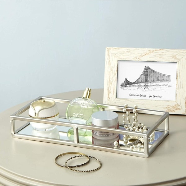 Egnazia - Silver Metal Mirror Tray - Medium Rectangle Open Style
