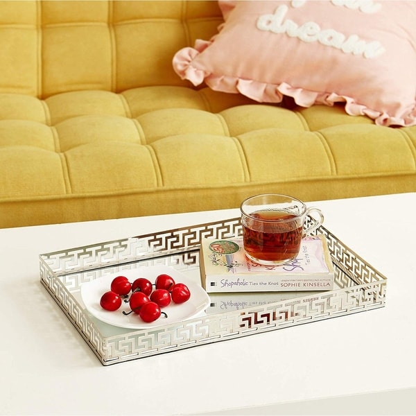 Egnazia - Silver Metal Mirror Tray - Large Rectangle Greek Key