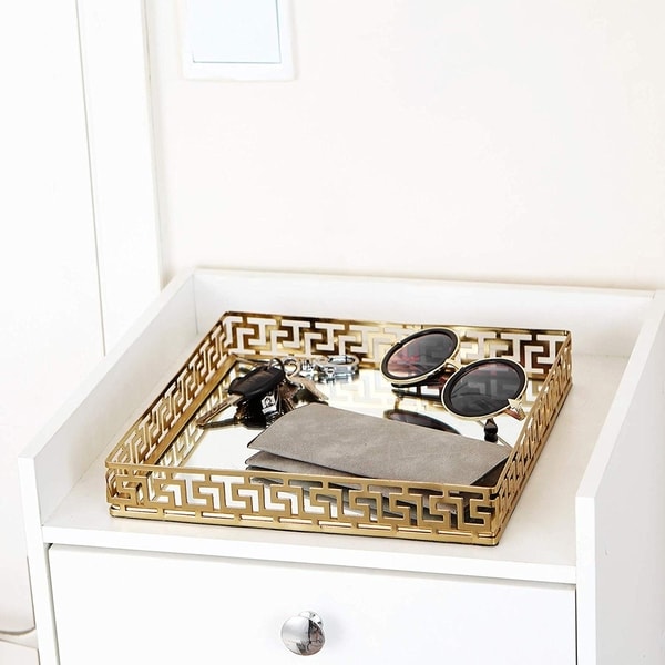 Egnazia - Gold Metal Mirror Tray - Medium Square Greek Key