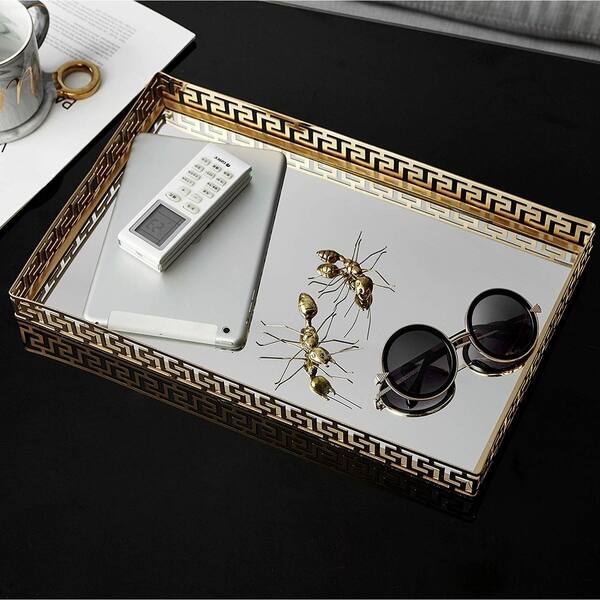 Ega Gold Metal Mirror Tray Large Rectangle Greek Key Put The Finishing Touches On Your Home Décor With A Shimmering Mirrored Tray Our Egnaiza Silver Metal Mirror Has Reflective Bottom To Pull