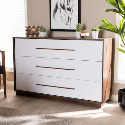 Mid-century Modern White and Walnut 6-drawer Dresser