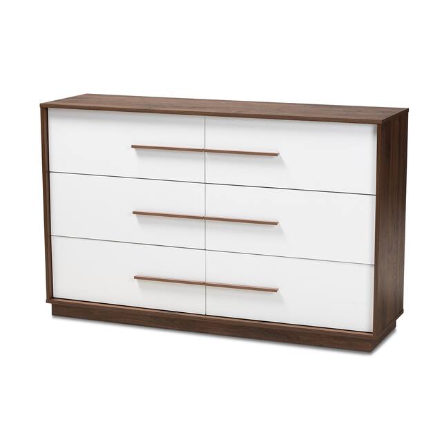 Mid-century Modern White and Walnut 6-drawer Dresser - N/A