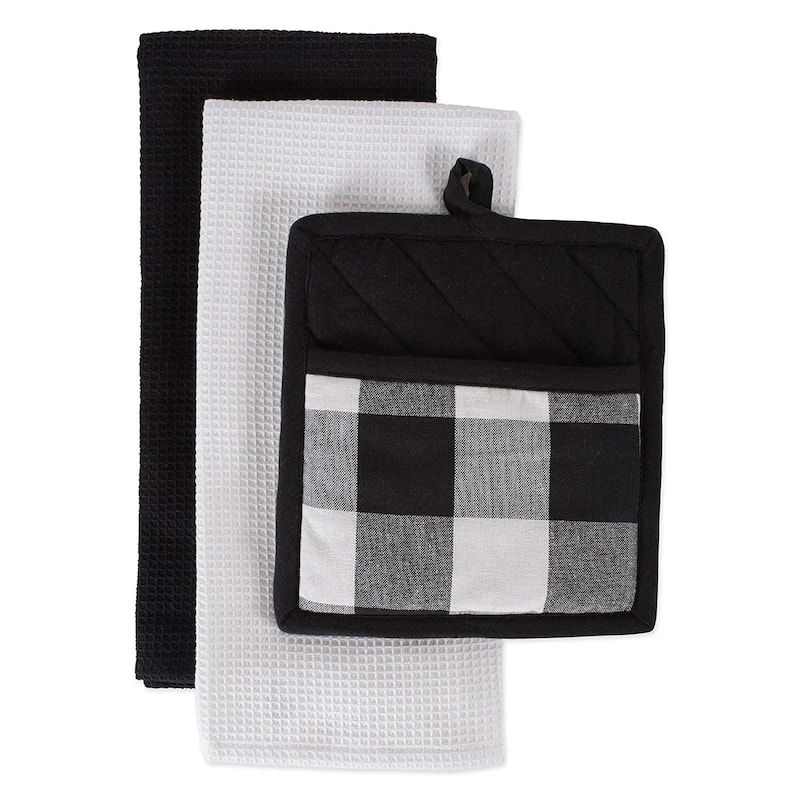 DII Buffalo Check Potholder & Dishtowel Kitchen Set - Black & White