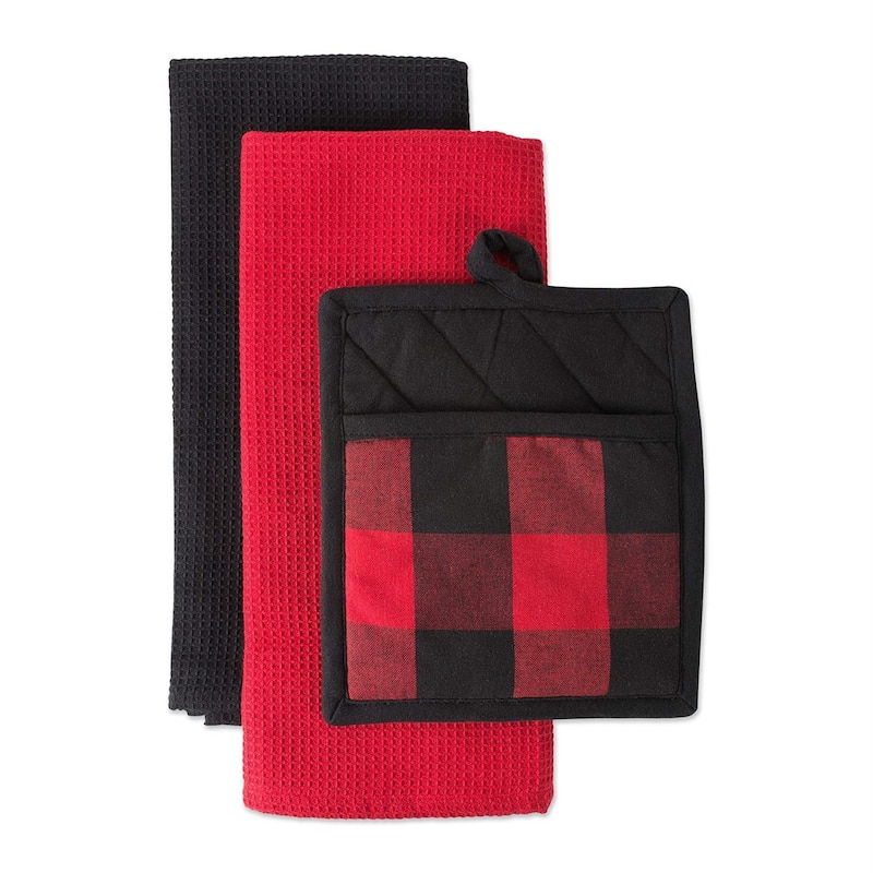 DII Buffalo Check Potholder & Dishtowel Kitchen Set - Red & Black