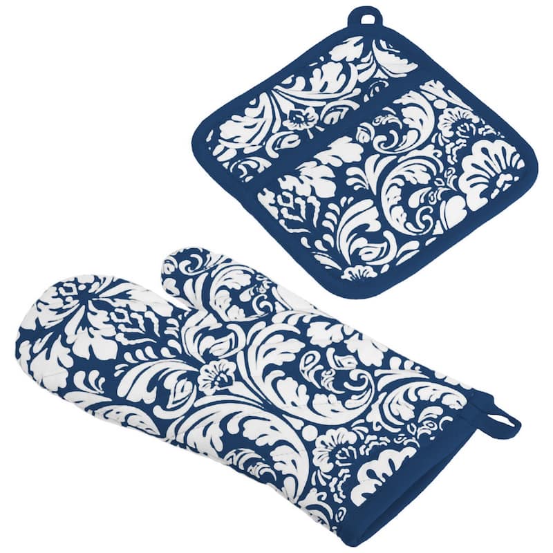 DII Damask Oven Mitt & Potholder Set - Nautical Blue
