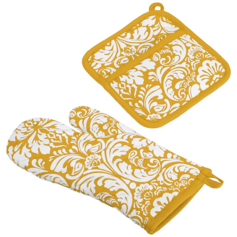 DII Damask Oven Mitt & Potholder Set - Mustard