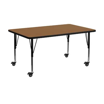 Offex 30"W x 72"L Mobile Rectangular Activity Table with Oak Thermal Fused Laminate Top and Height Adjustable Pre-School Leg