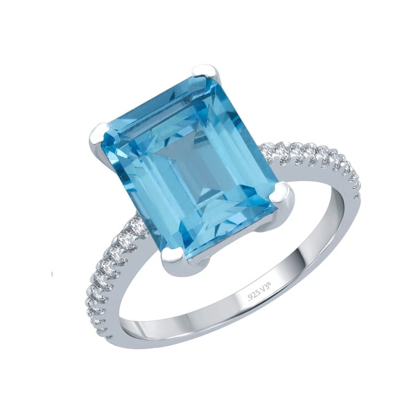 925 Sterling Silver Ring Natural Blue Topaz Emerald Cut Size 5-11