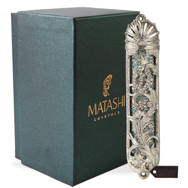 Hand Painted Enamel Mezuzah Embellished with a Hebrew Shin and Foral Design and High Quality Crystals by Matashi