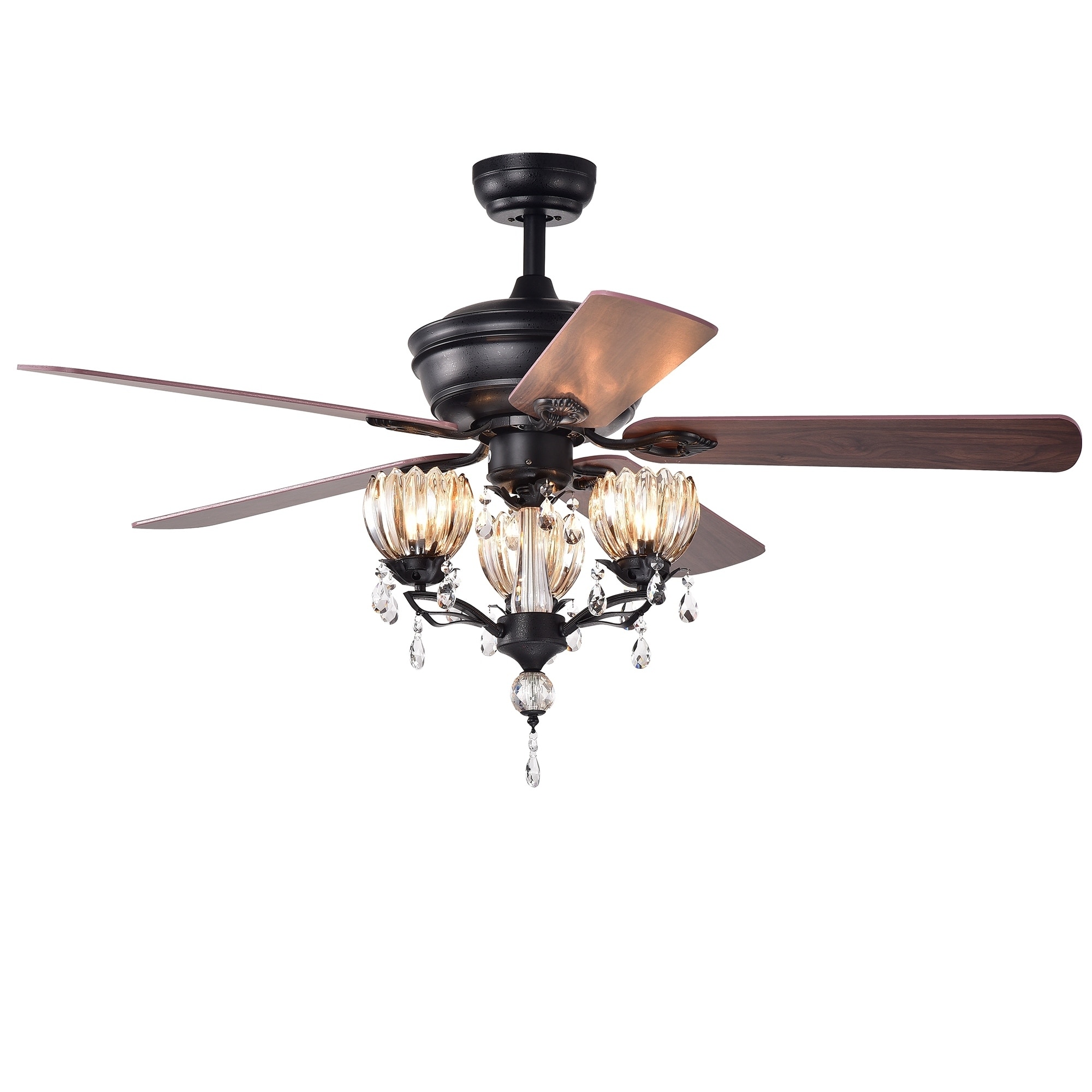 Garlow Matte Black 5 Blade Lighted Ceiling Fan With Crystal Flower Cups Chandelier Includes Remote 52 Inches Diameter