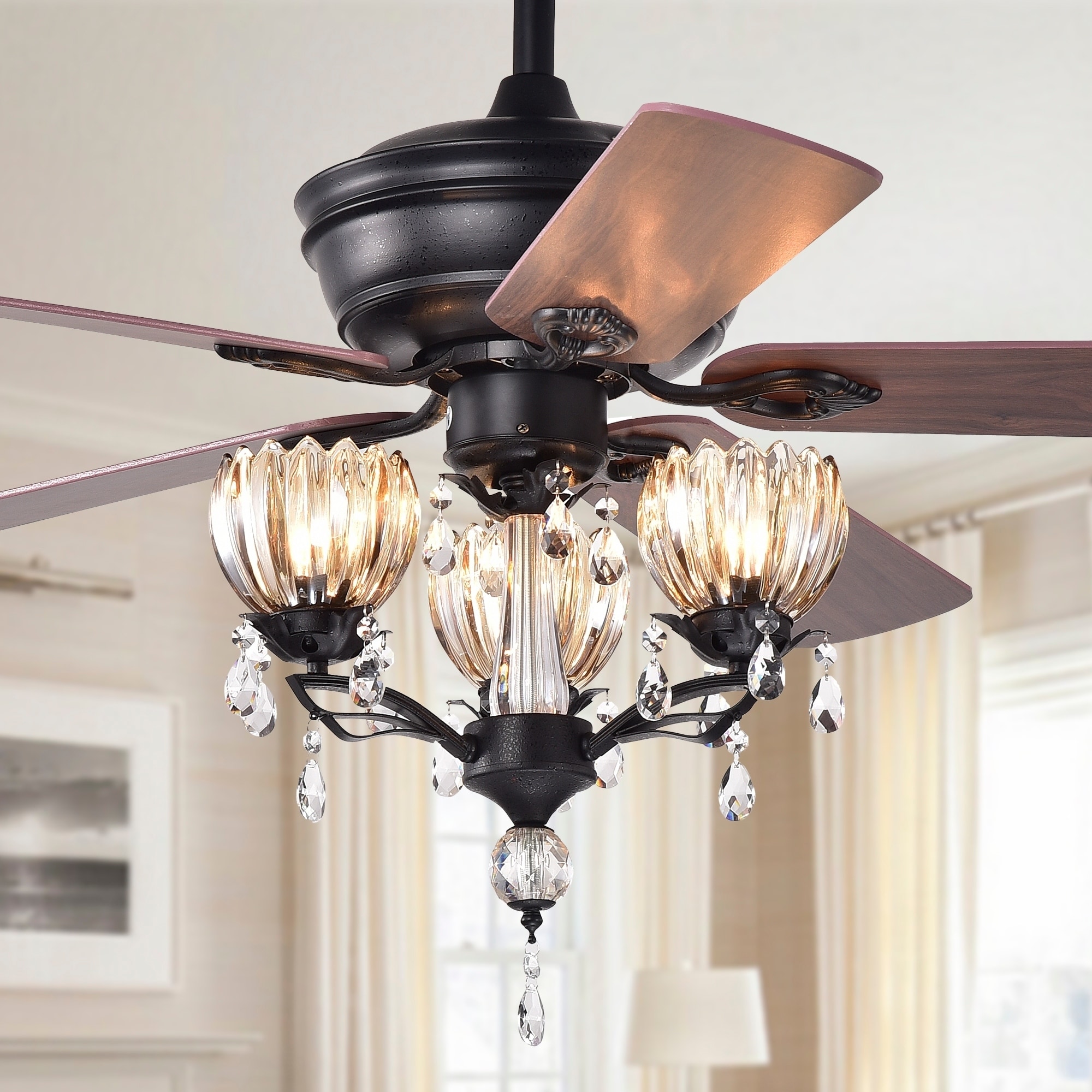 Warehouse of Tiffany Garlow Matte Black 5-blade Lighted Ceiling Fan with Crystal Flower Cups Chandelier (includes Remote)