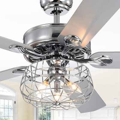 Imberts Chrome 52-Inch 5-Blade Lighted Ceiling Fan with Cage Chandelier (includes Remote and 2 blade color options)