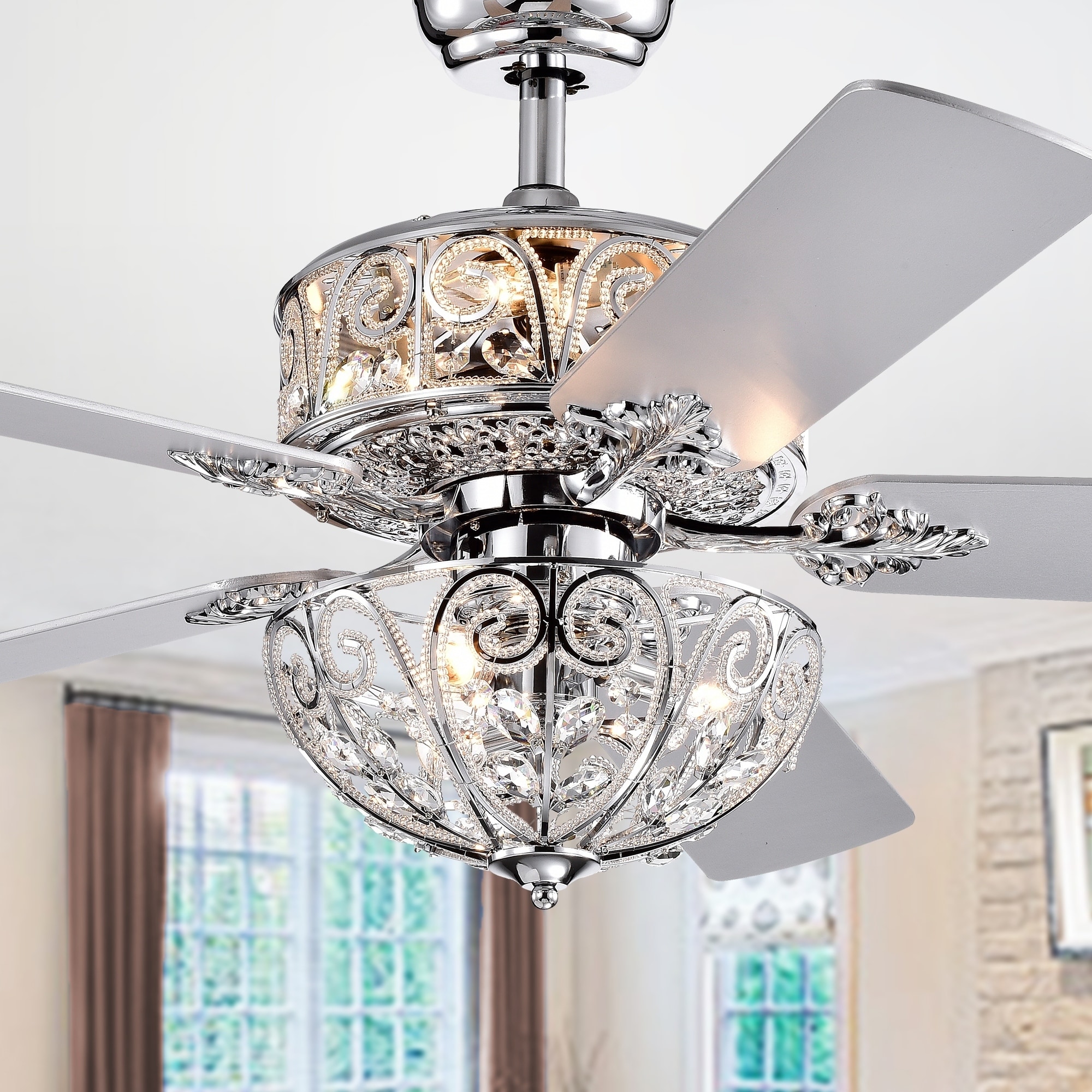 Warehouse of Tiffany Hegasal Chrome Dual Lamp Crystal Lighted Chandelier - 52-inches Diameter