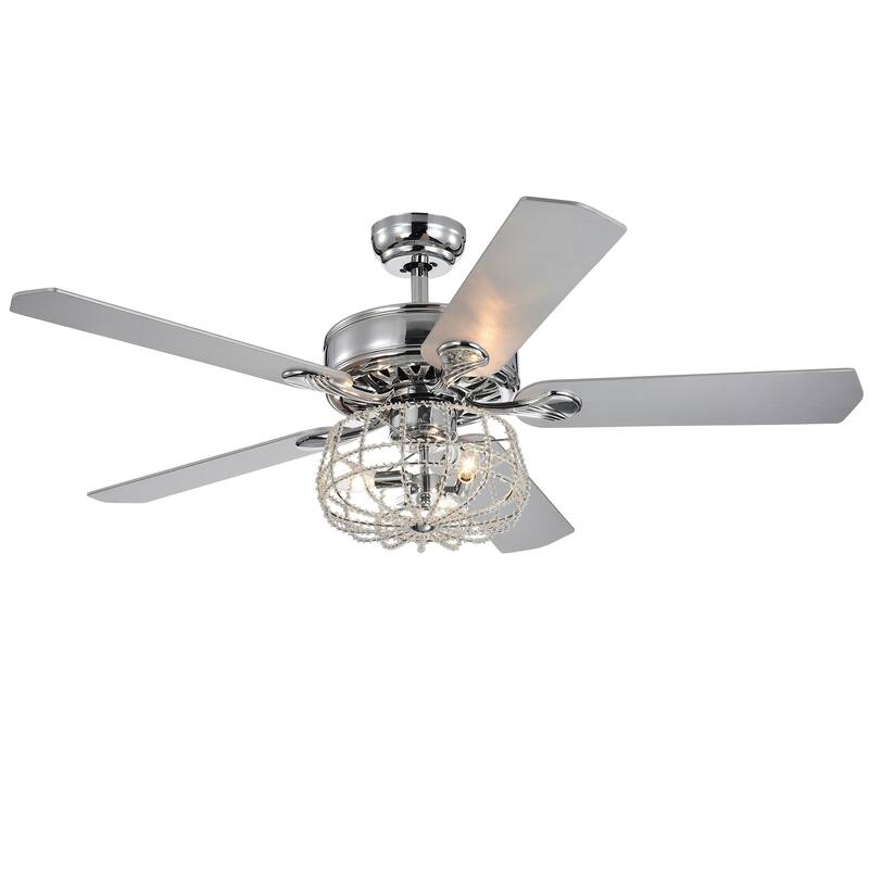 Kishel Chrome 5-Blade Lighted Ceiling Fan with Cage Chandelier (includes Remote and 2 blade color options) - 52-inches Diameter