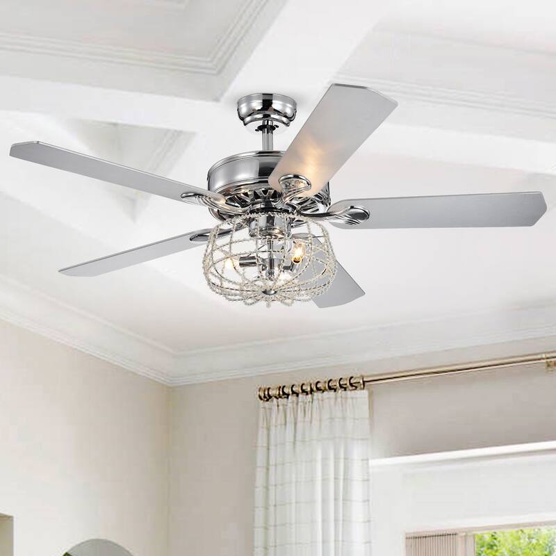 Kishel Chrome 5-Blade Lighted Ceiling Fan with Cage Chandelier (includes Remote and 2 blade color options) - 52-inches Diameter