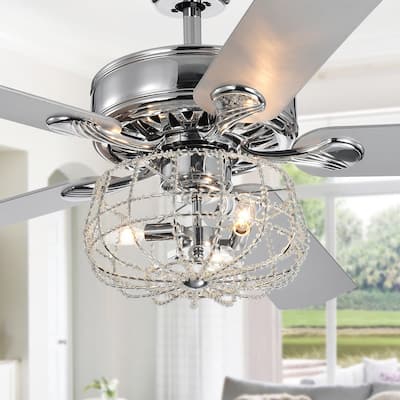 Kishel Chrome 5-Blade Lighted Ceiling Fan with Cage Chandelier (includes Remote and 2 blade color options) - 52-inches Diameter