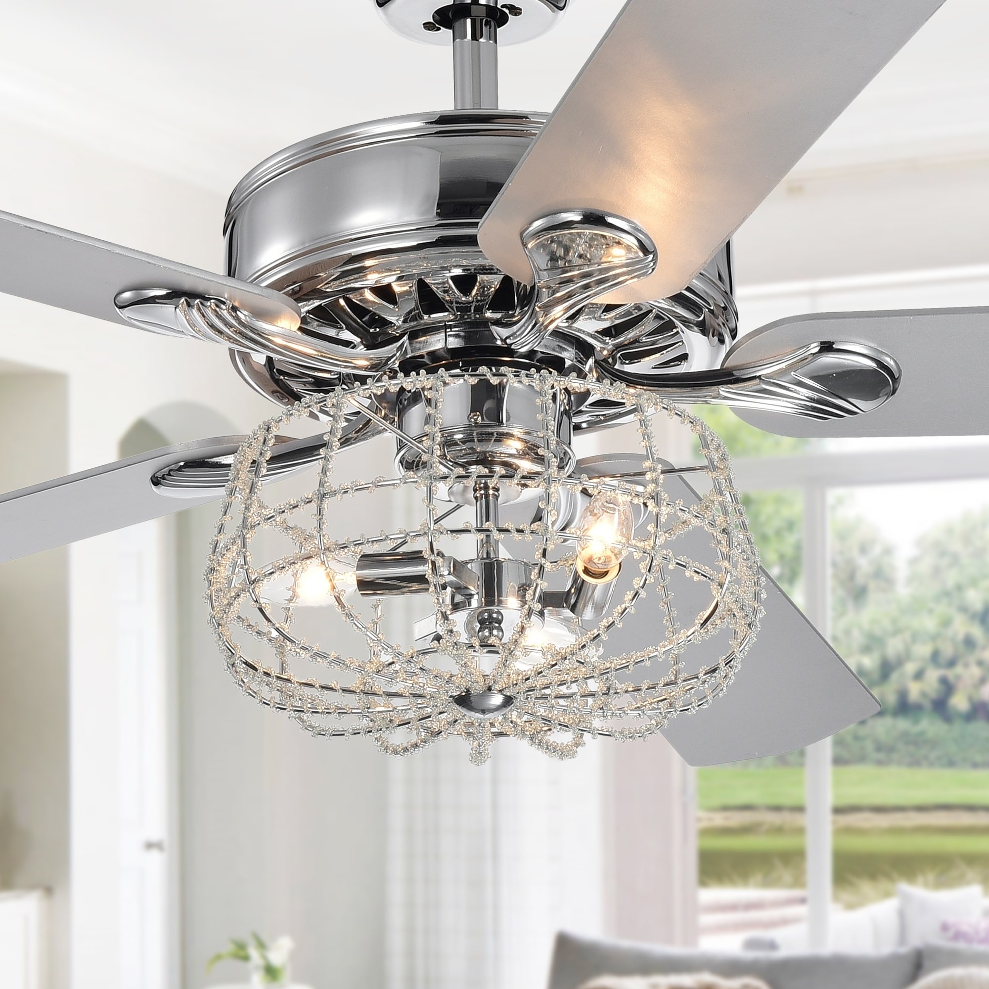 Warehouse of Tiffany Kishel Chrome 5-Blade Lighted Ceiling Fan with Cage Chandelier (includes Remote and 2 blade color options)