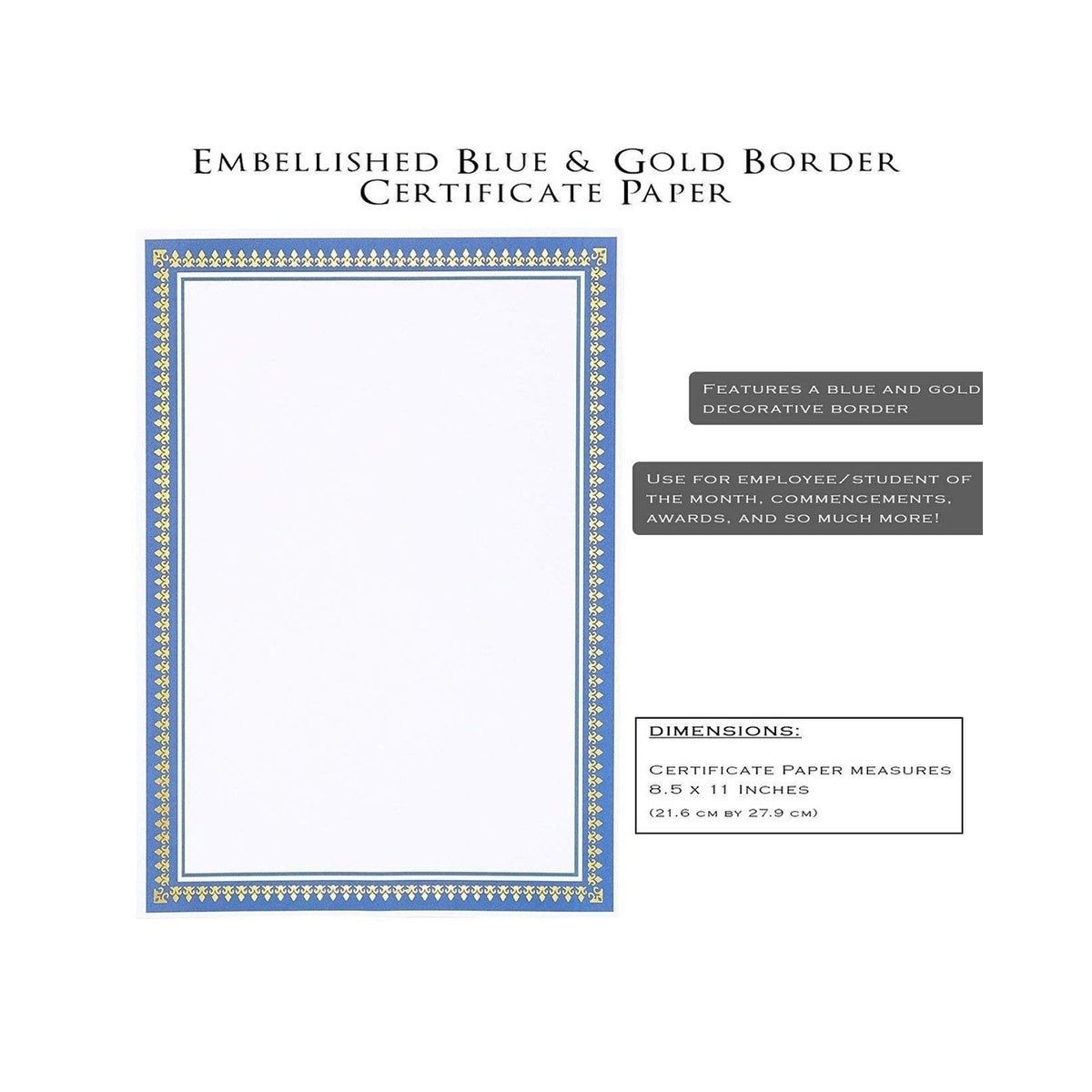 Certificate Paper with Gold and Blue Border, Award Certificates (White, 8.5 x 11 in, 50-Pack)