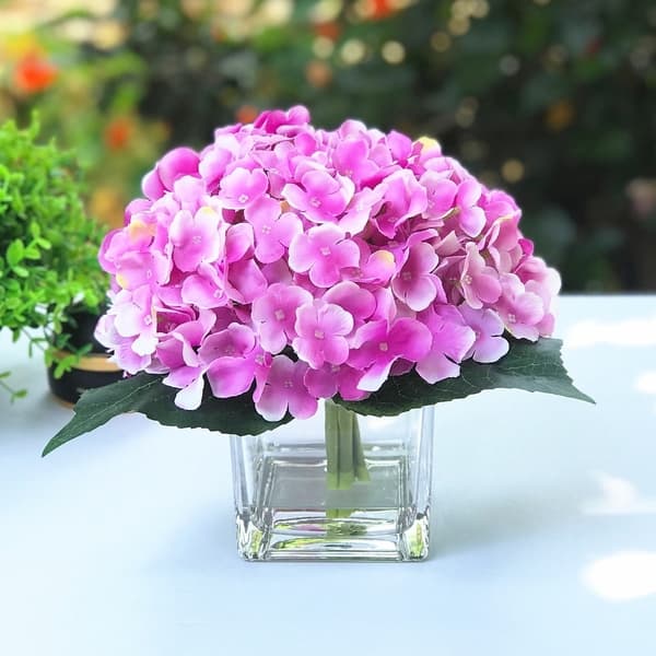 Enova Home 7 Steams Artificial Silk Hydrangea Fake Flowers in Clear ...