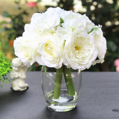 Enova Home Peony Artificial Silk Roses and Hydrangea Mixed Fake Flowers Arrangement in Clear Glass Vase with Faux Water