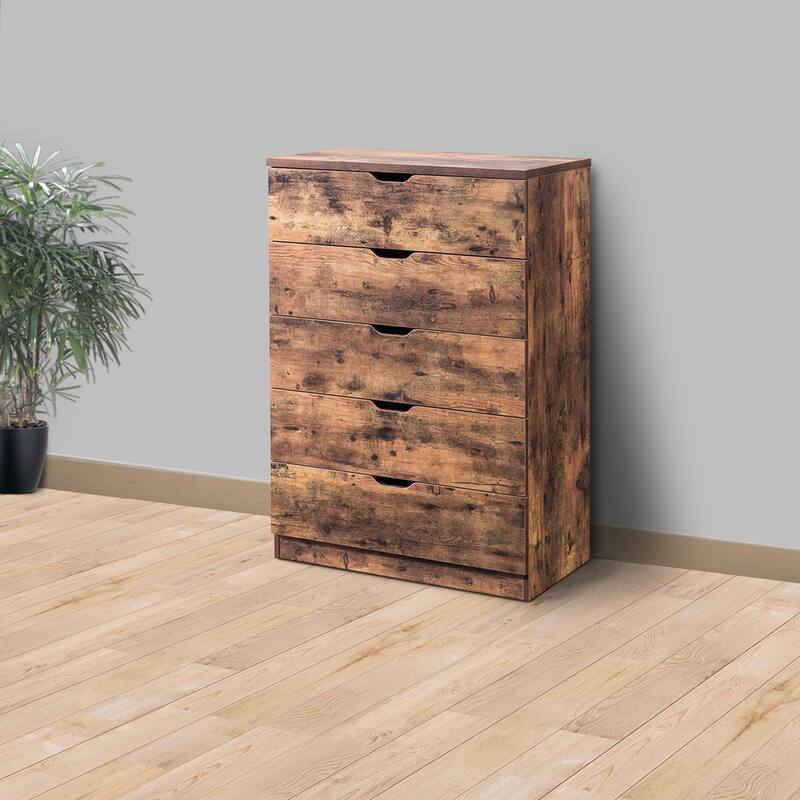 Commodious Five Drawers Wooden Utility Chest with Metal Glides, Brown - 5-drawer
