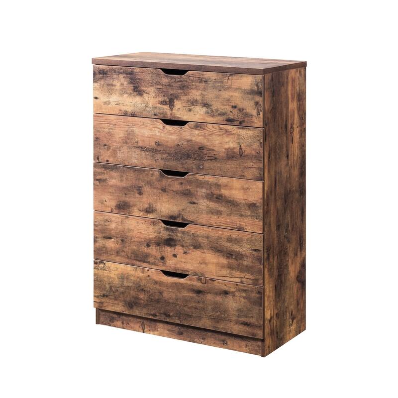 Commodious Five Drawers Wooden Utility Chest with Metal Glides, Brown