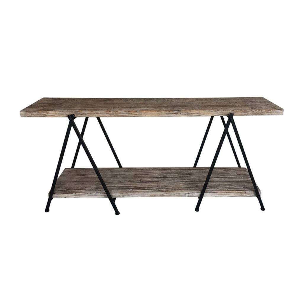 Rectangular Console Table with Bottom Shelf and V Shaped Iron Legs, Brown and Black