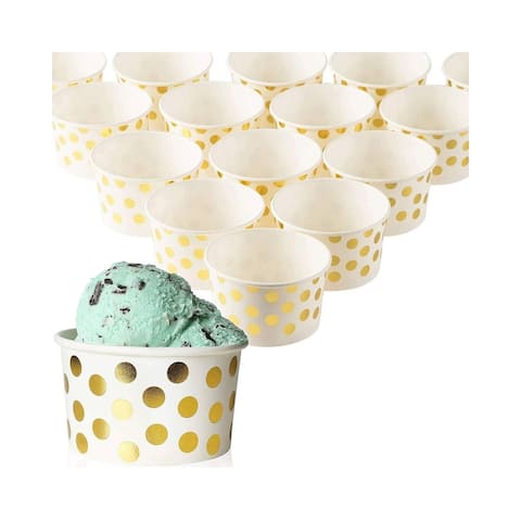 50-Count Paper Ice Cream Cups Yogurt Dessert Gold Polka Dot Party Bowls 8-Oz - White