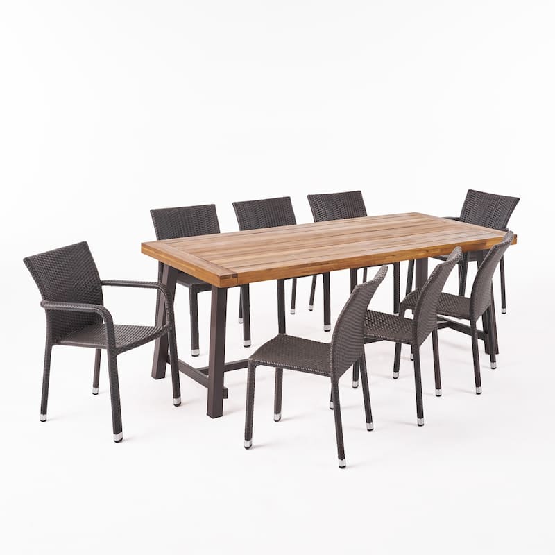 Fairgreen Outdoor 8 Seater Wood and Wicker Dining Set by Christopher Knight Home - Teak+Black+Multibrown