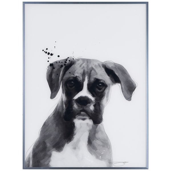 "Boxer" Black and White Dog Wall Art Reverse Printed Glass Encased with a Gunmetal Anodized Frame
