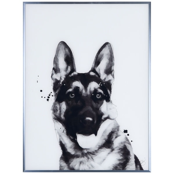 "German Shepherd" Black and White Pet Dog Wall Art Reverse Printed Glass Encased with a Gunmetal Anodized Frame