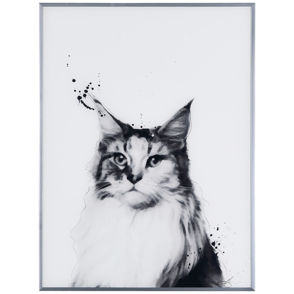 "Siberian Cat" Black and White Pet Cat Wall Art Reverse Printed Glass Encased with a Gunmetal Anodized Frame