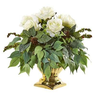 14" Rose Artificial Arrangement in Gold Urn