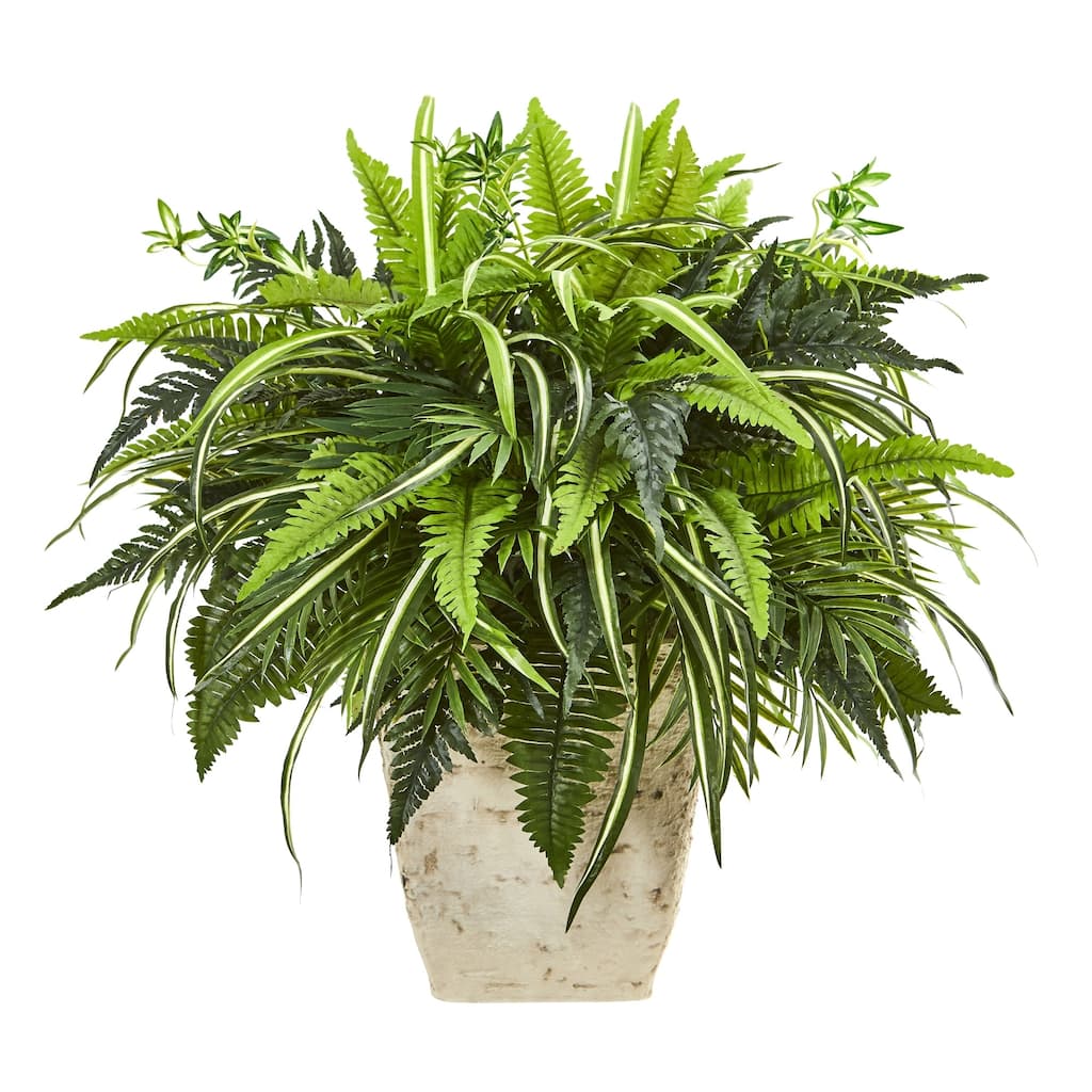 23" Mixed Greens and Fern Artificial Plant in White Planter